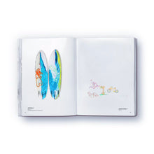Load image into Gallery viewer, A colorful, abstract artwork on a surfboard featured on a page of a paperback book titled 'The elephant never forgets' by Danny Minnick.